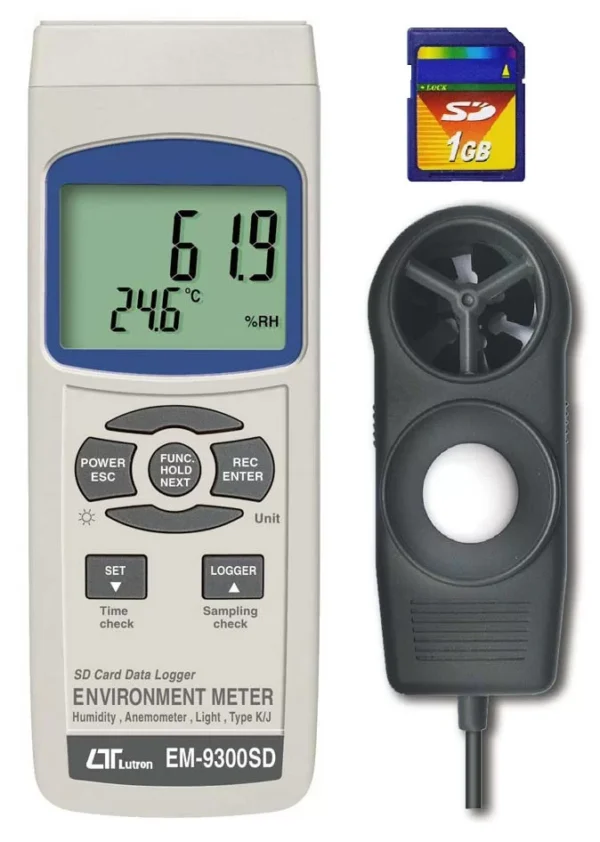 LUTRON EM-9300SD - ENVIRONMENT METER, HUMIDITY, LIGHT, ANEMOMETER, TYPE K/J TEMP - SD CARD DATA LOGGER